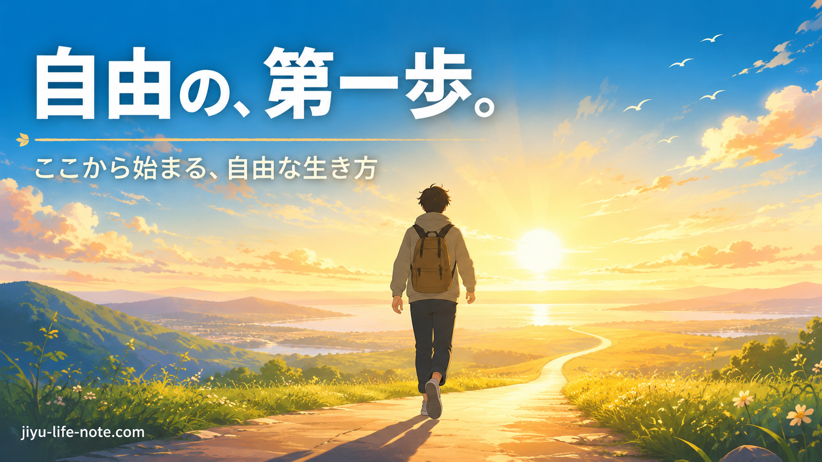 朝日に向かって第一歩を踏み出す人のイラスト｜自由な生き方ブログはじめます