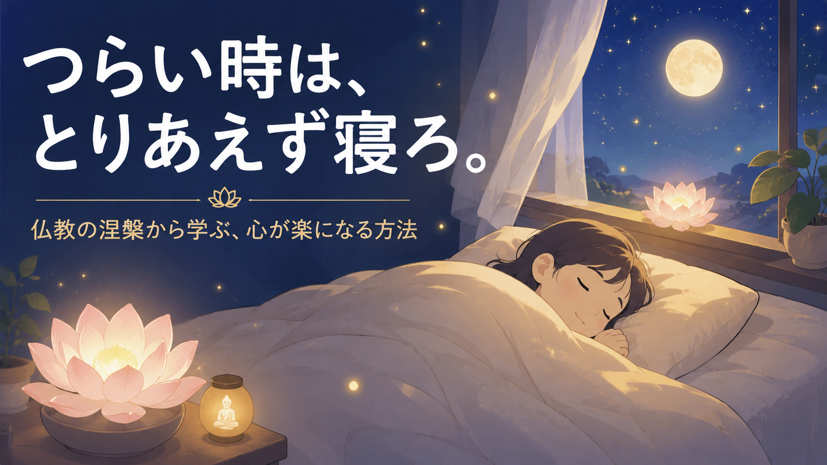 蓮の花と月明かりの中で眠る人のイラスト｜仏教の涅槃から学ぶ心が楽になる方法