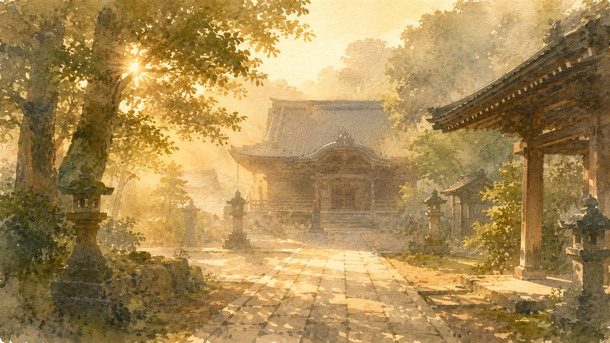 朝日が差し込む静かな寺院の参道