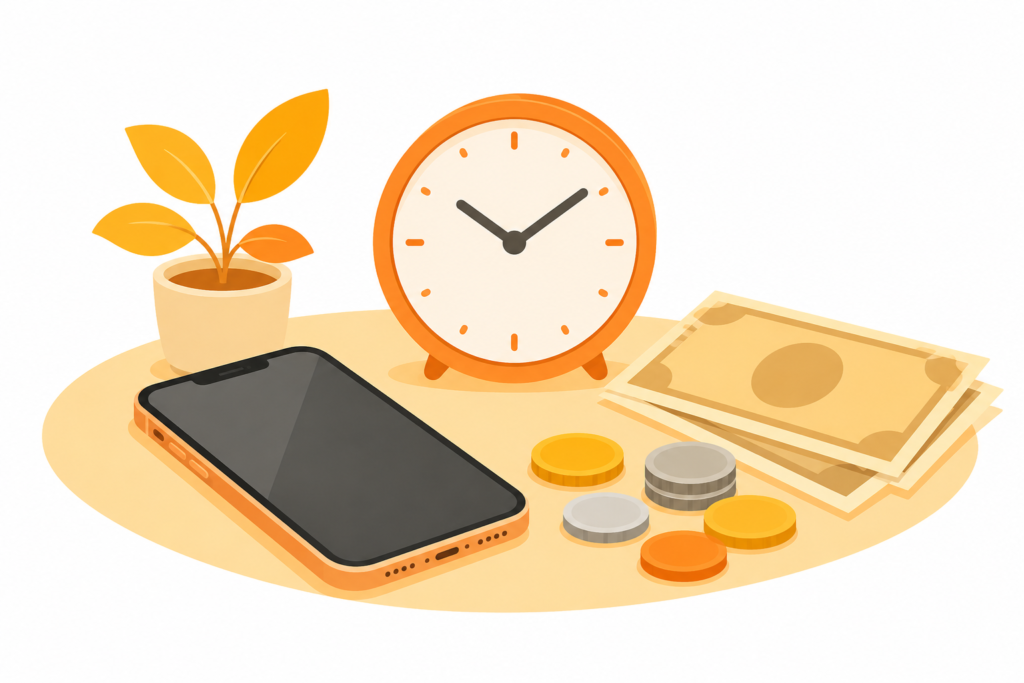 目覚まし時計、スマートフォン、お札と硬貨、観葉植物が並んだイラスト
