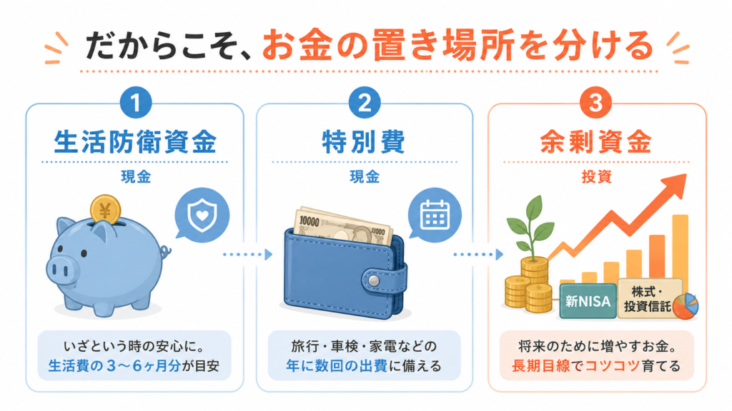 お金の置き場所を3つに分ける図解。生活防衛資金（現金）・特別費（現金）・余剰資金（投資）