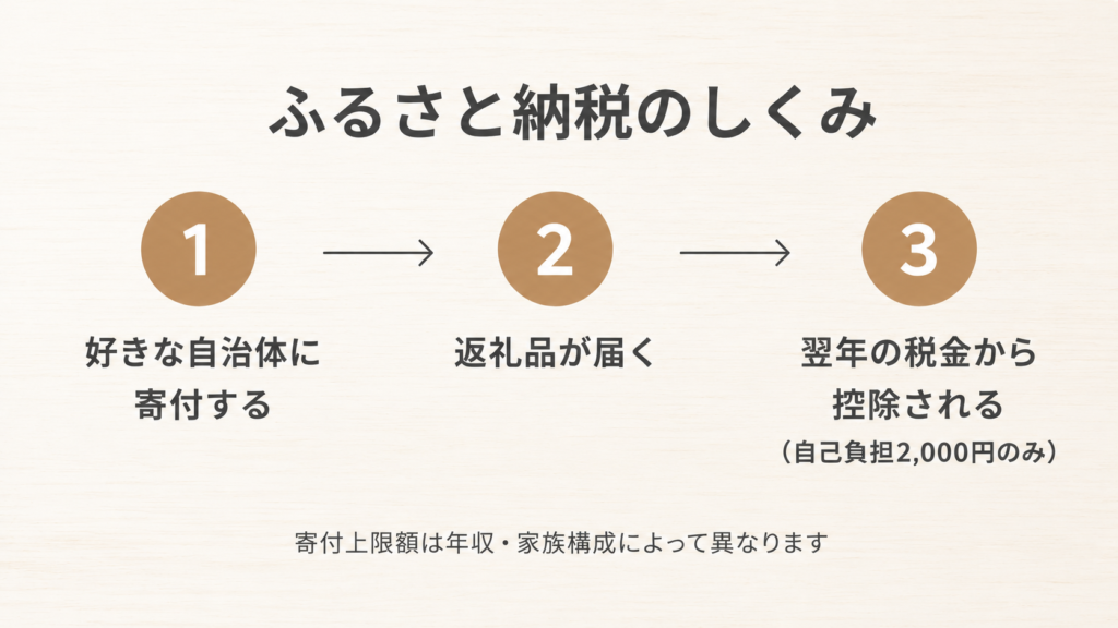 ふるさと納税のしくみの図解。好きな自治体に寄付する→返礼品が届く→翌年の税金から控除される（自己負担2,000円のみ）