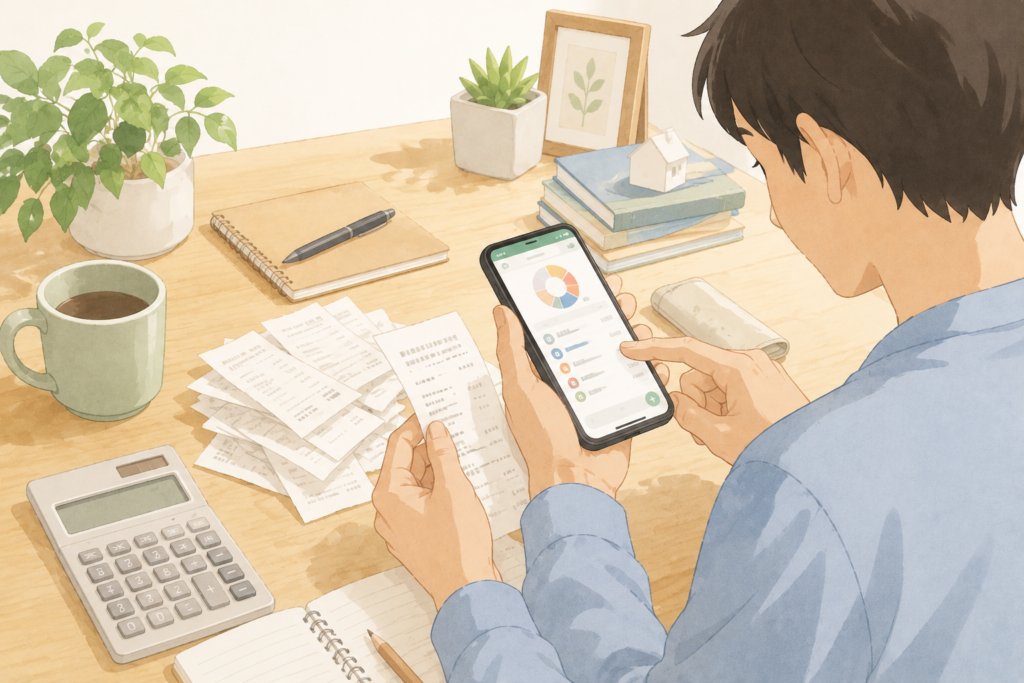 レシートを見ながらスマホの家計簿アプリに支出を入力する男性の手元のイラスト