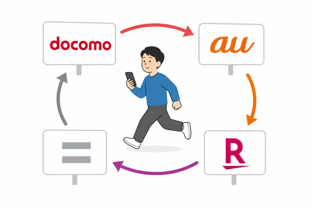 ドコモ・au・楽天モバイルなどのキャリアを次々に渡り歩く人のイラスト。MNPホッピングのイメージ