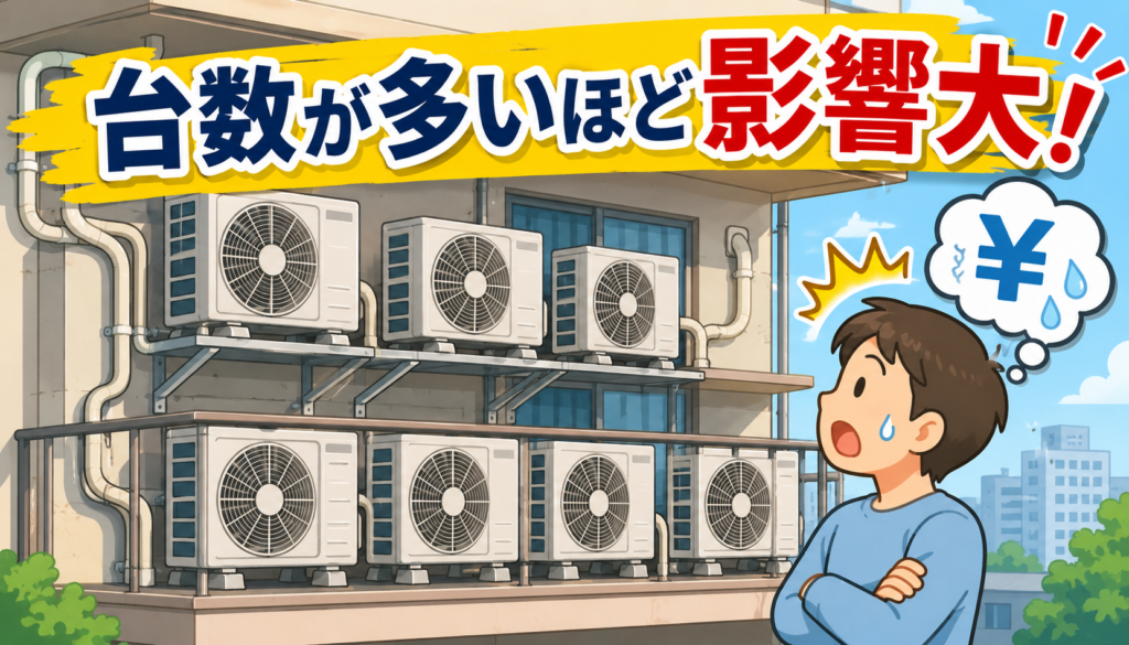 建物の壁面に並んだ多数のエアコン室外機。台数が多いほど影響が大きいことを示している
