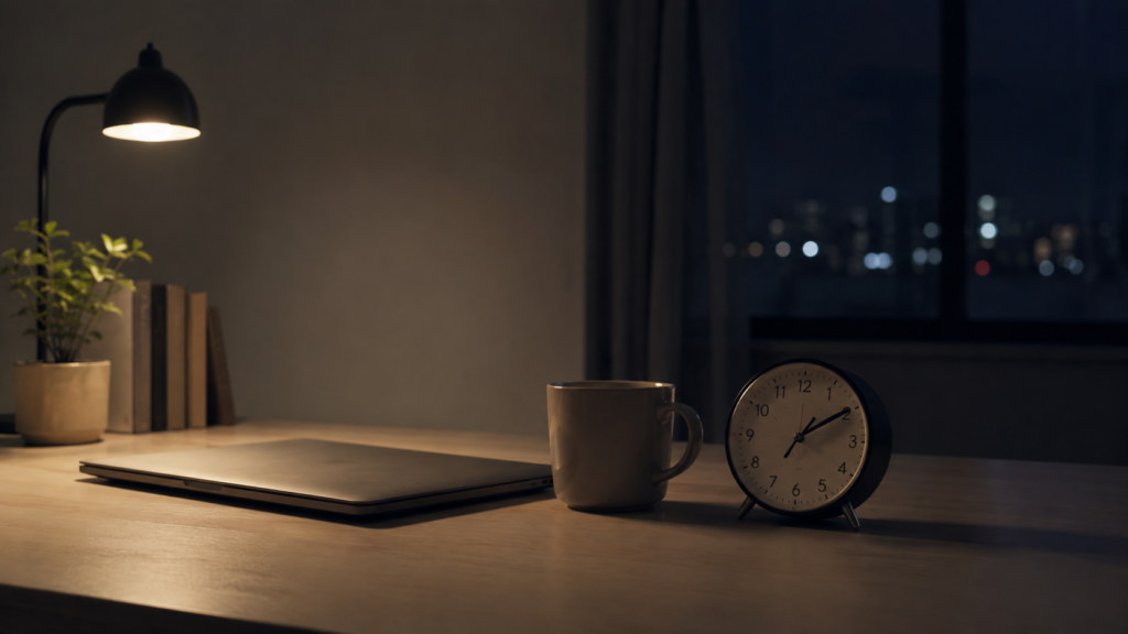 寝不足で深夜まで起きていたデスクの様子