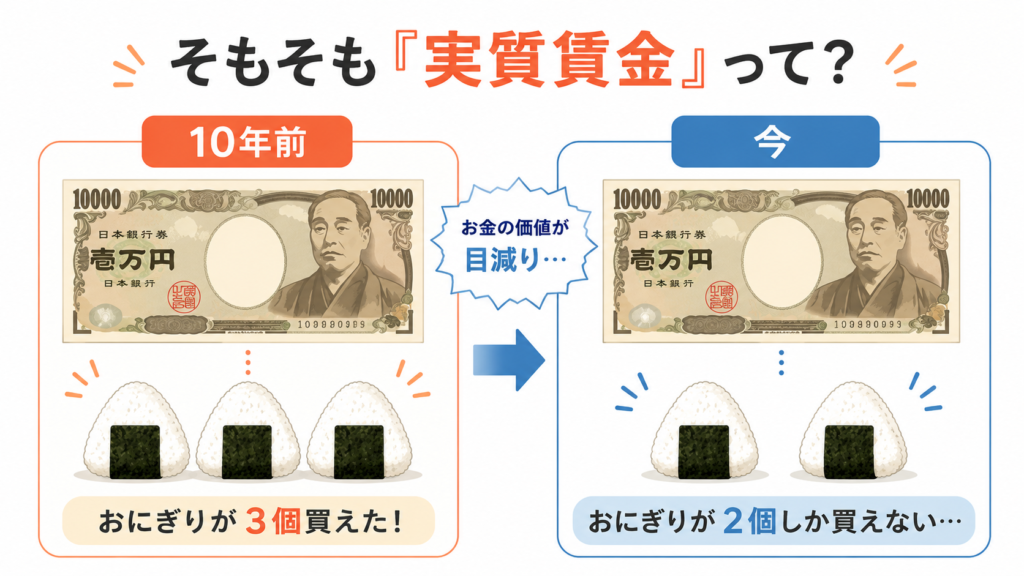 実質賃金が下がるイメージ：10年前はおにぎり3個、今は2個しか買えない