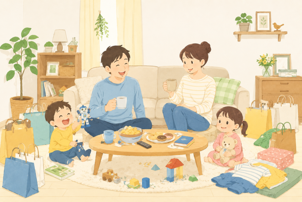 リビングでのんびり楽しそうに過ごす4人家族のイラスト
