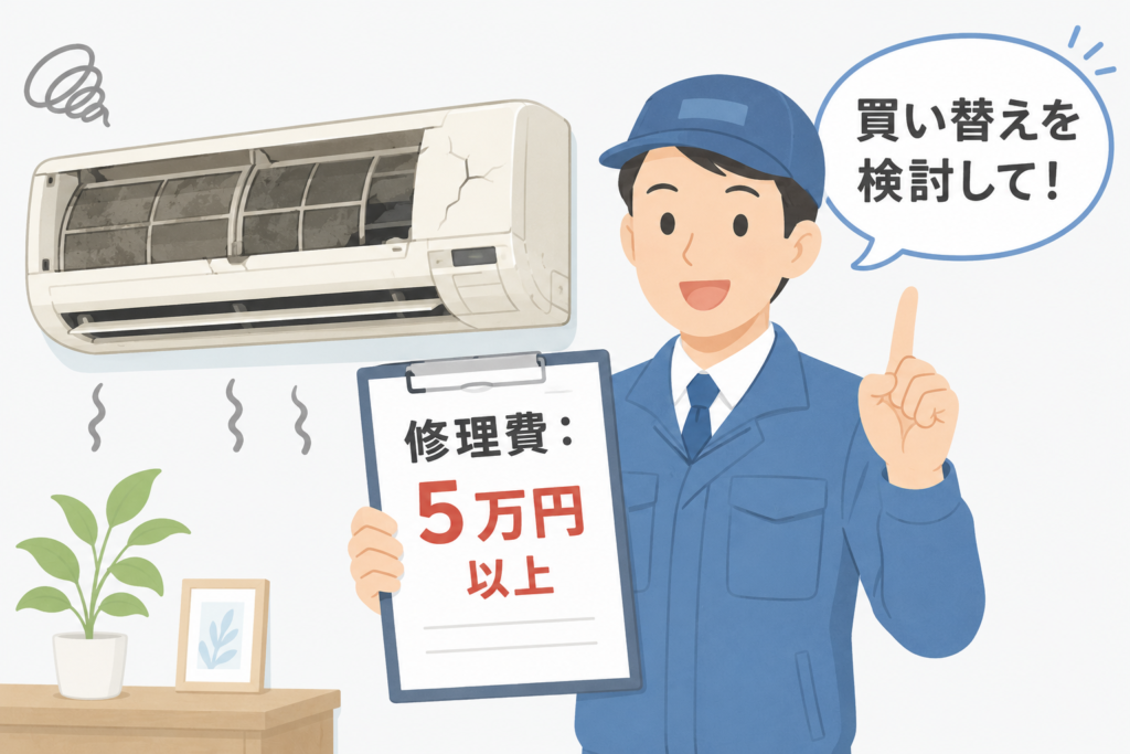 修理費5万円以上と書かれた見積もりを持ち、買い替えを検討してと伝える作業服の男性のイラスト