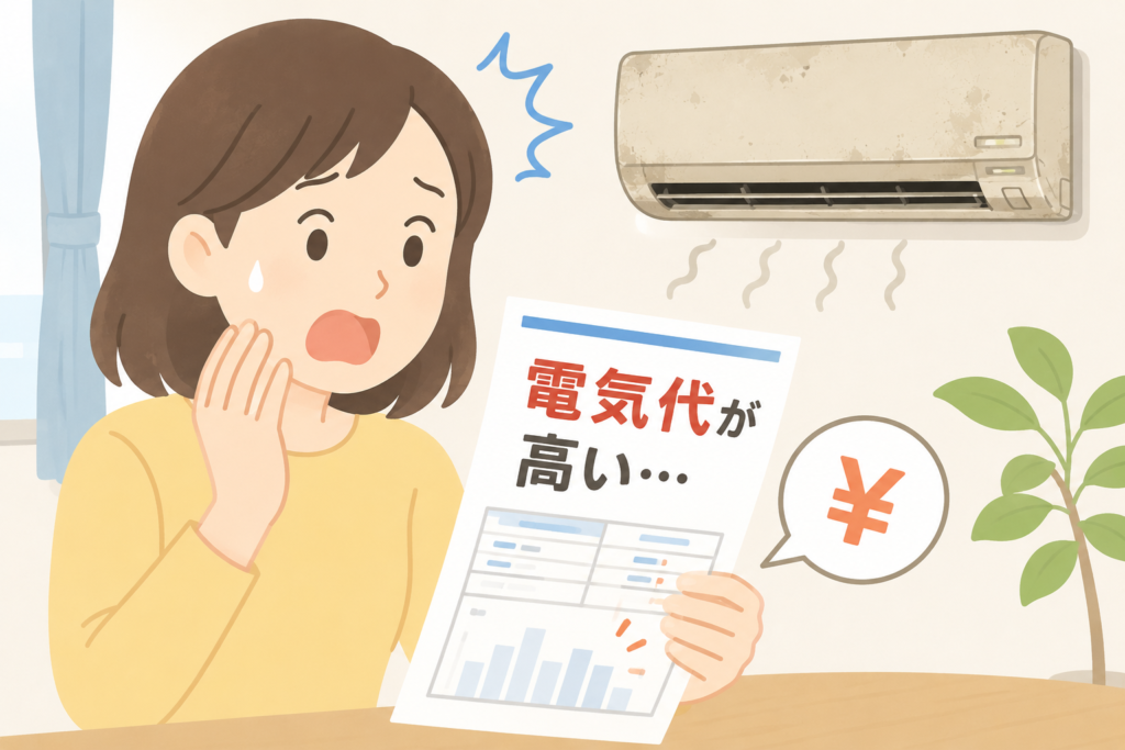 電気代の請求書を見て驚く女性と、汚れた古いエアコンのイラスト