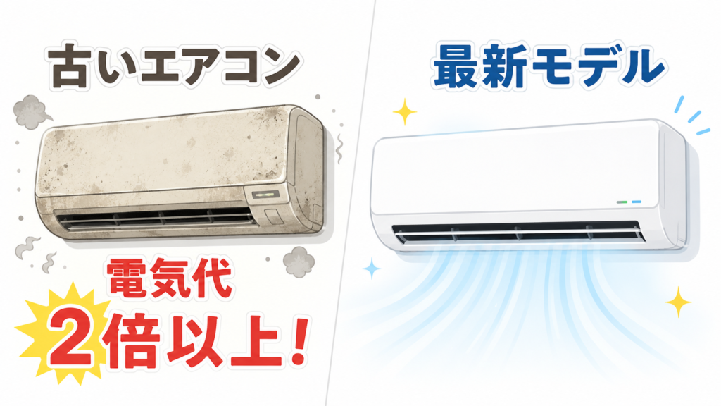 古いエアコンと最新モデルを並べた対比イラスト。古いエアコンは電気代が2倍以上かかることを示している