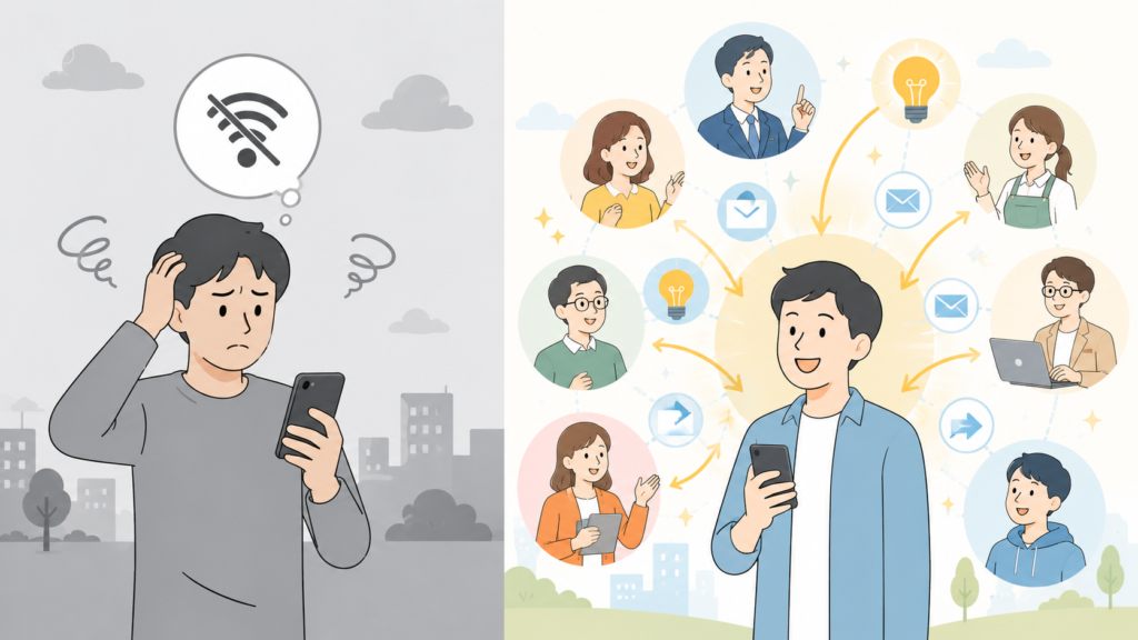 人に会うと成功が早まる理由を表すネットワークのイラスト