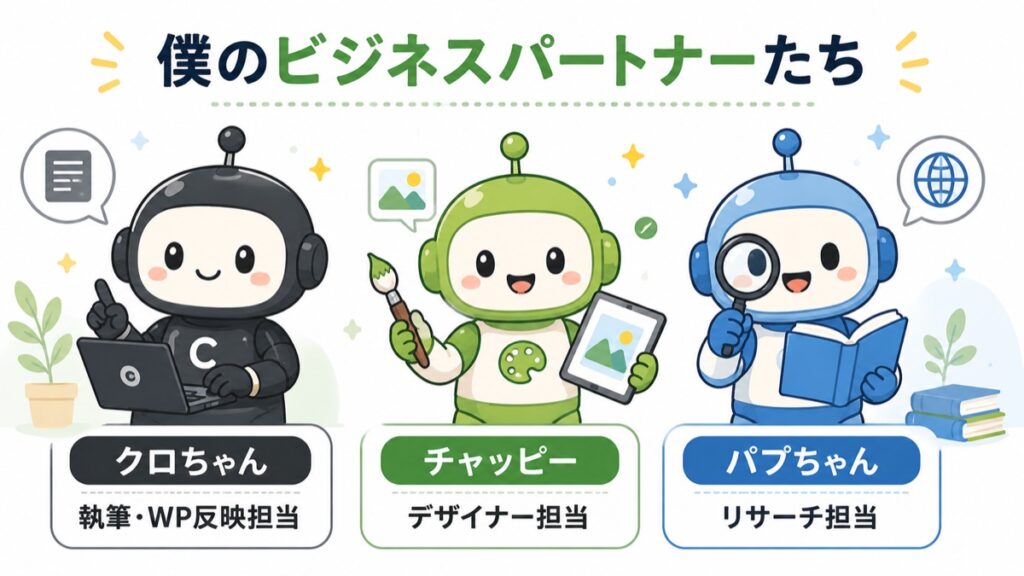 AIチーム紹介（クロちゃん=執筆・WP反映、チャッピー=デザイナー、パプちゃん=リサーチ担当）