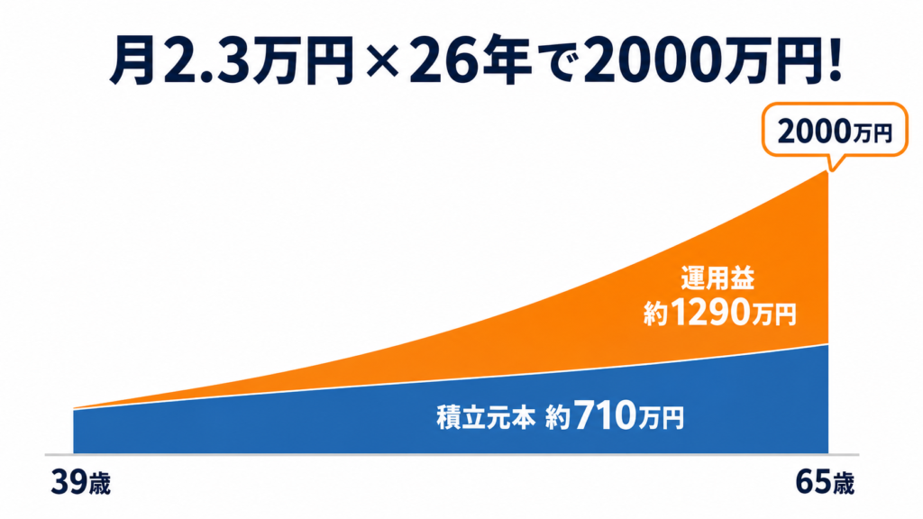 新NISAで月2.3万円を26年間積み立てると積立元本約710万円と運用益約1290万円で2000万円になる資産推移グラフ

