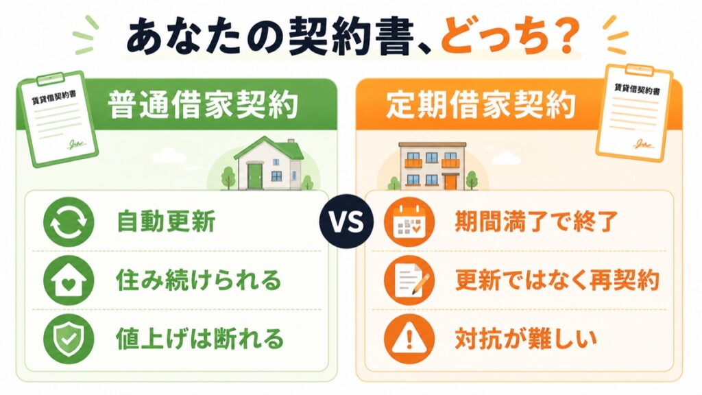 普通借家契約と定期借家契約の比較（自動更新で住み続けられるか、期間満了で終了かの違い）