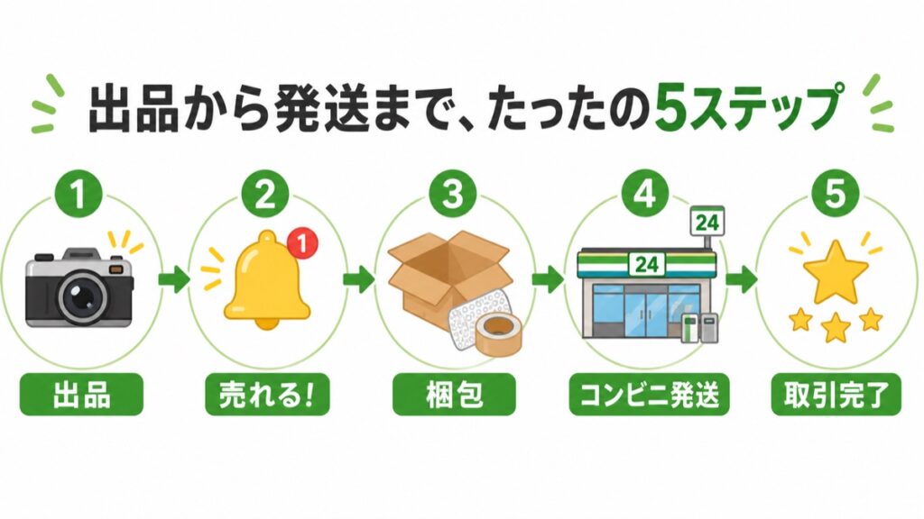 メルカリの出品から発送までの5ステップ（出品→売れる→梱包→コンビニ発送→取引完了）