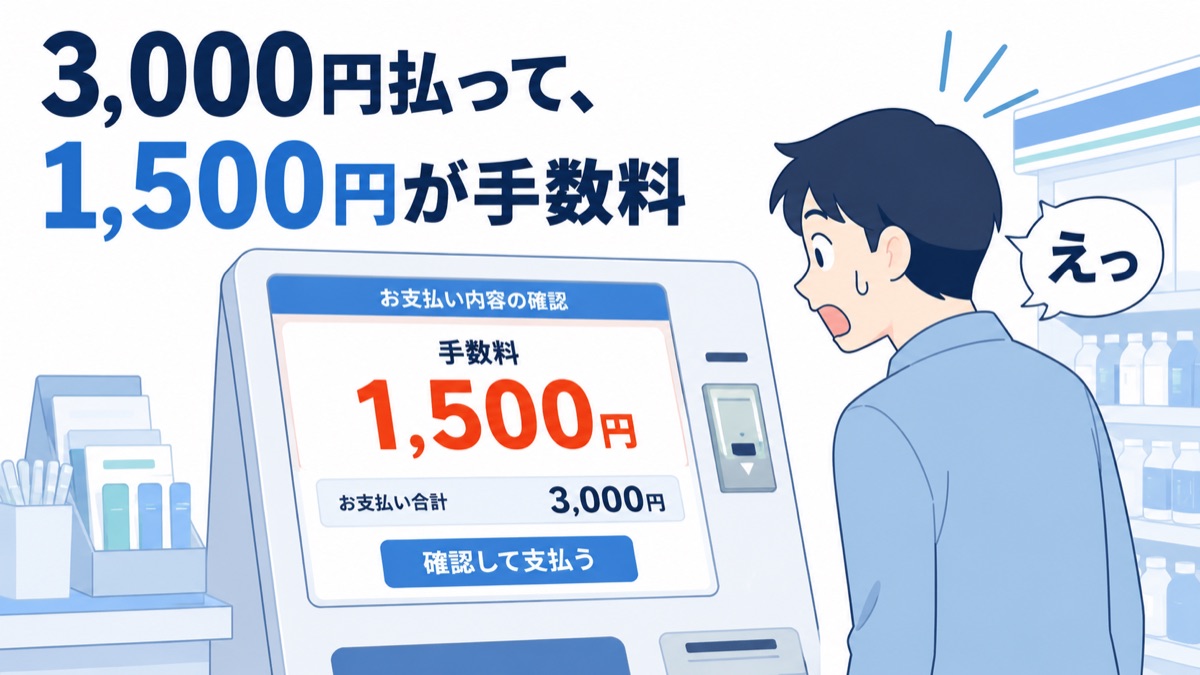 コンビニの支払い端末に手数料1,500円と表示され、驚いているイラスト