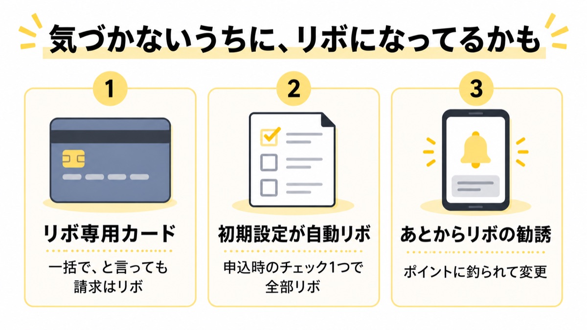 リボ専用カード・初期設定の自動リボ・あとからリボの勧誘という気づきにくい3つのパターンを並べた図