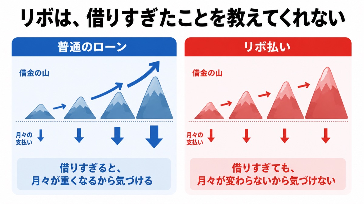 普通のローンは借入が増えると月々の支払いも増えるが、リボ払いは月々が変わらないことを比べた図