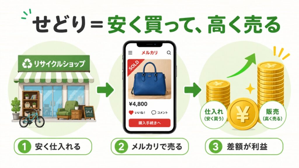 せどりの仕組み：リサイクルショップで安く仕入れてメルカリで高く売り、差額が利益になる流れの図解