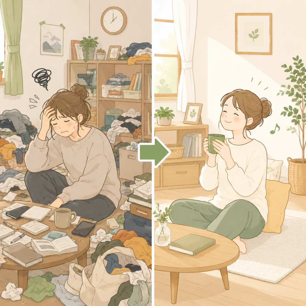 散らかった部屋で落ち込む女性と、片付いた部屋でくつろぐ女性を並べたビフォーアフターのイラスト