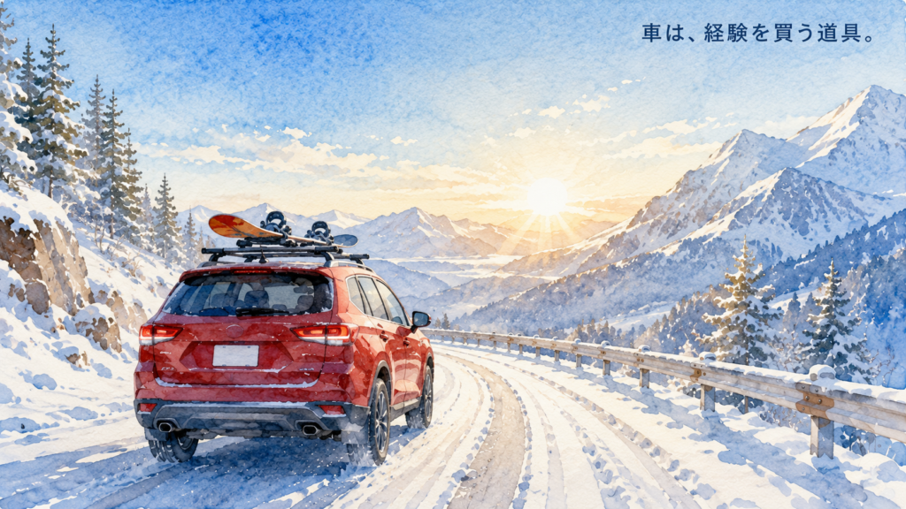 スノーボードを積んで雪山の道を走る赤いSUVの後ろ姿