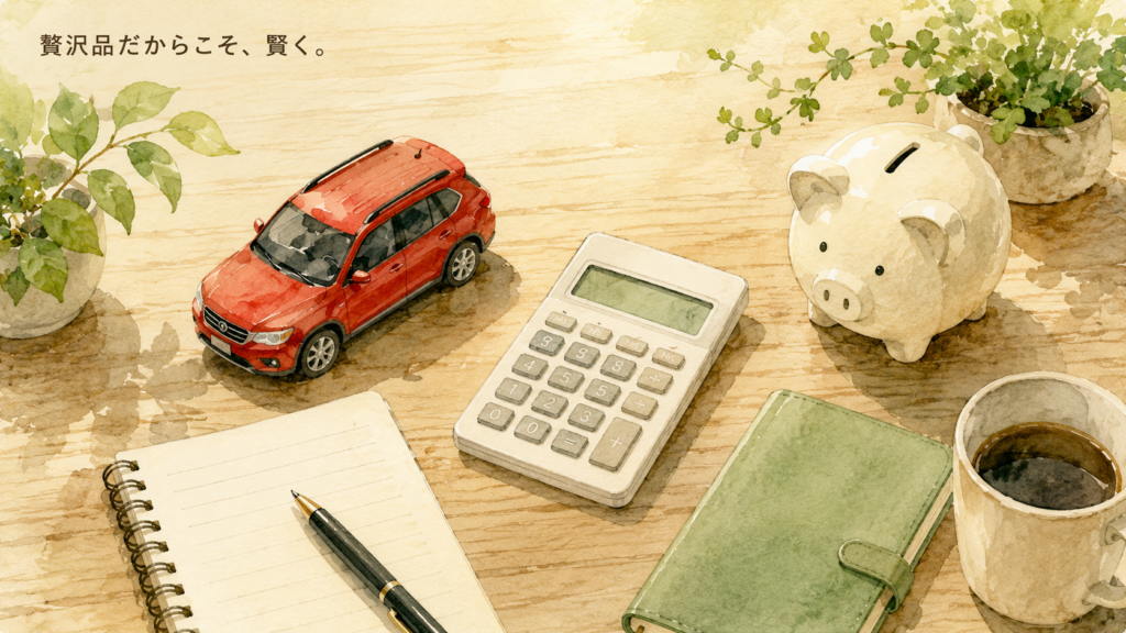  ミニカーと電卓と貯金箱が並ぶ、車の維持費見直しのイメージイラスト