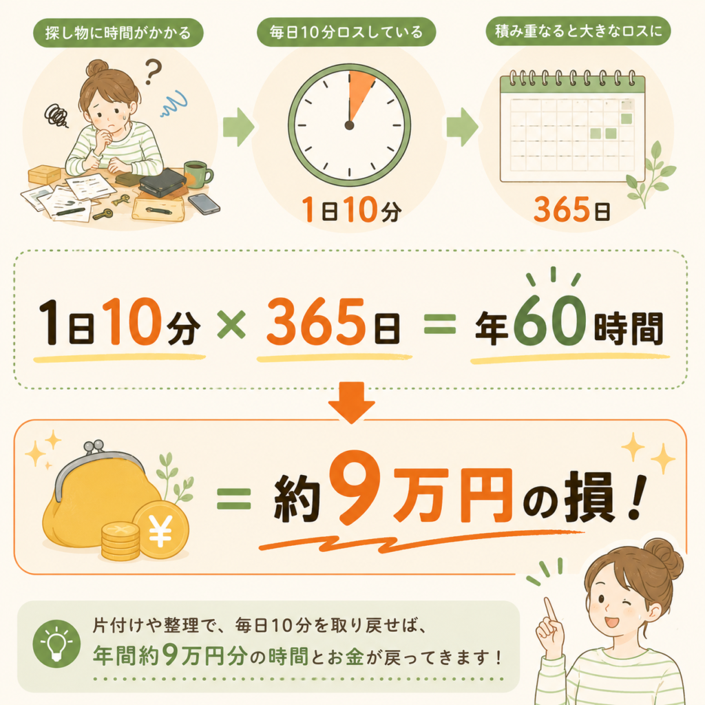 探し物による時間の損失の図解。1日10分×365日で年60時間、時給換算で約9万円の損になる