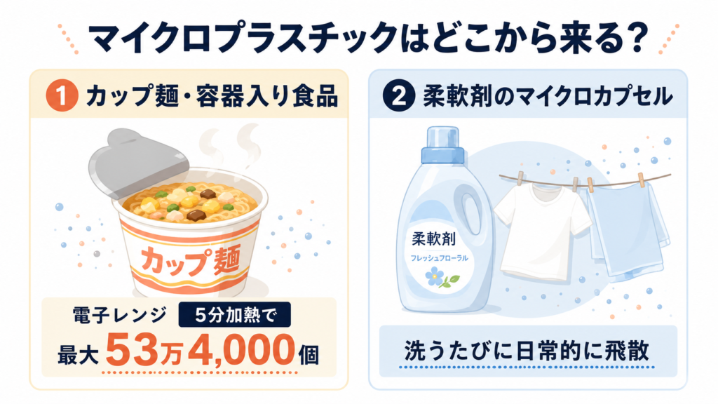 マイクロプラスチックの発生源であるカップ麺容器と柔軟剤のマイクロカプセルを示した図解