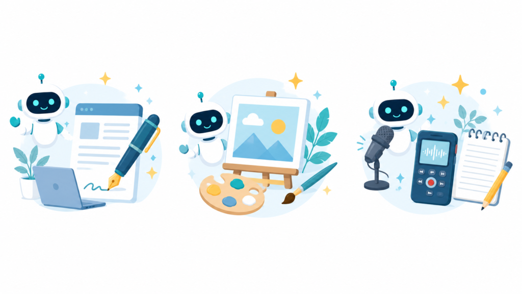 AI副業3種類のイラスト。ライティング、画像生成、音声・文字起こし