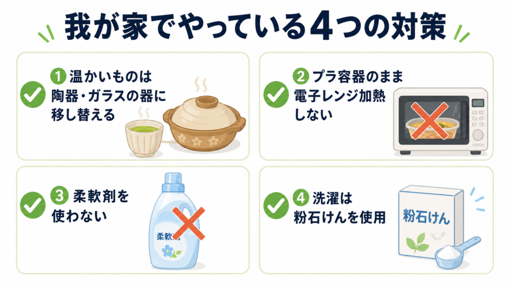 マイクロプラスチックを減らすために我が家で実践している4つの対策をまとめた図解