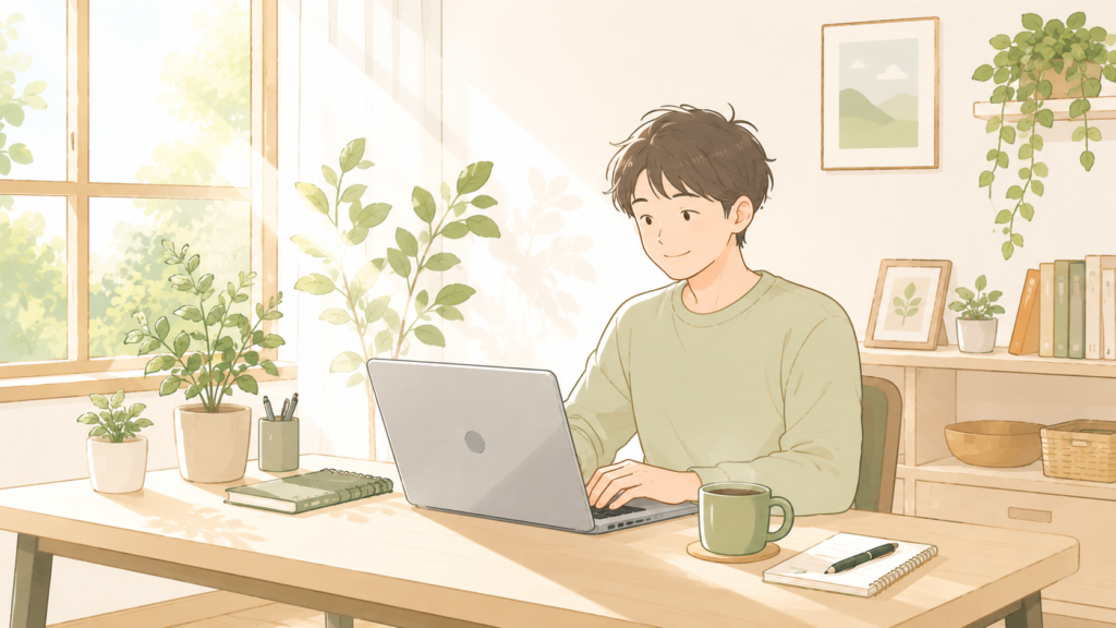 明るい部屋で穏やかにノートパソコンに向かう男性のイラスト