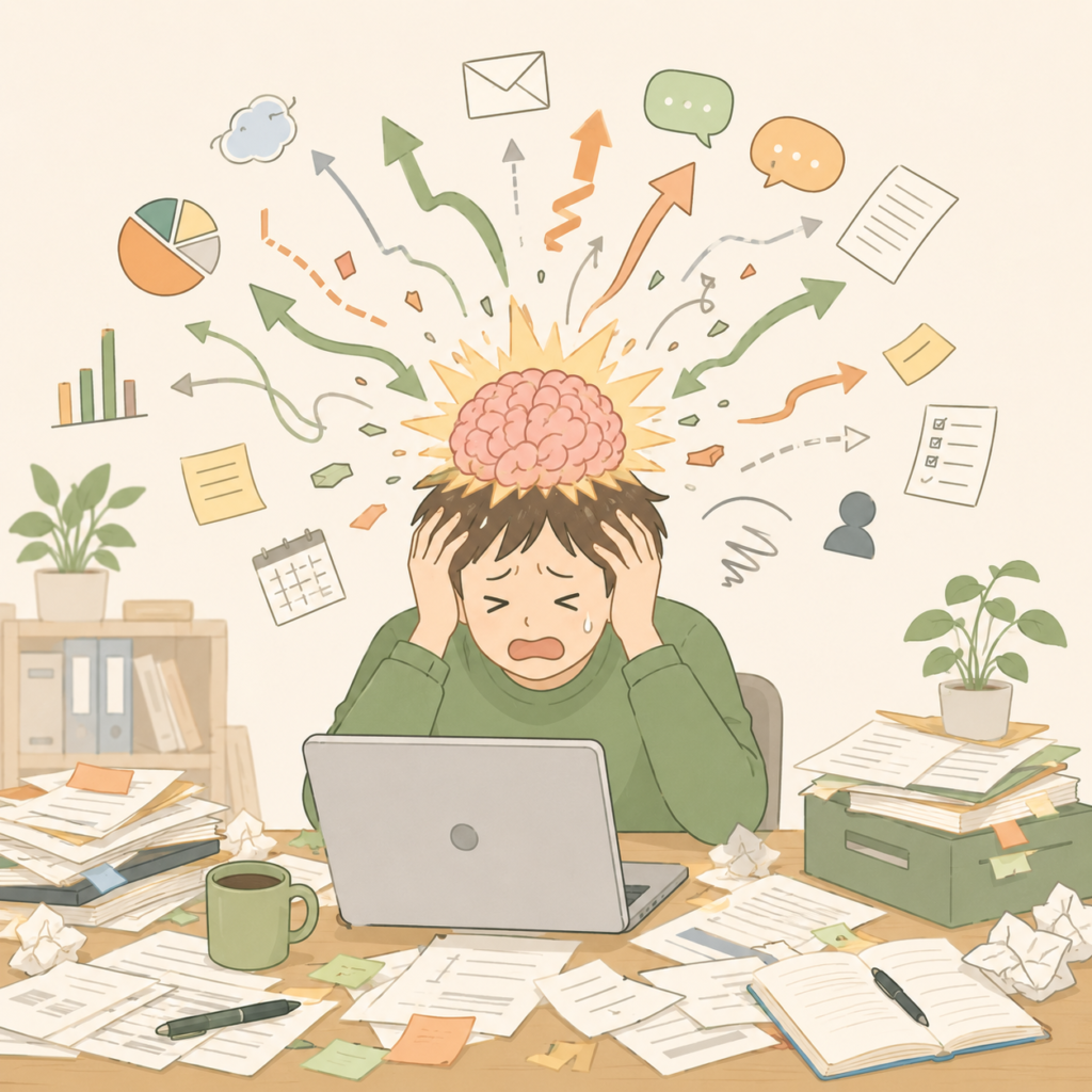 散らかった机で頭を抱える人のイラスト。周囲に矢印や書類が飛び交い、情報過多になっている様子
