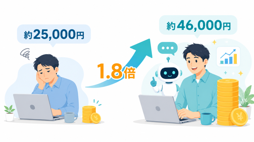 AI活用前後の副業収入の対比イラスト。約25,000円から約46,000円へ1.8倍に増えたことを示している