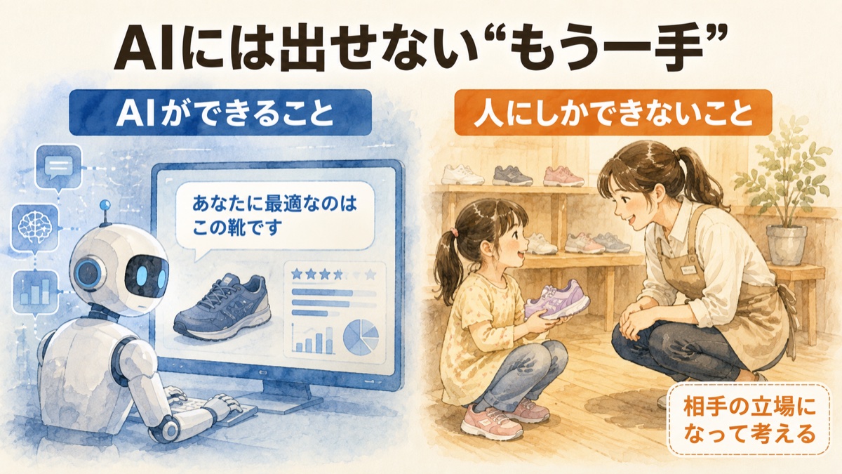 AIはデータで最適な靴を答える一方、人は子どもの気持ちを汲んで対応することを対比した図解モ