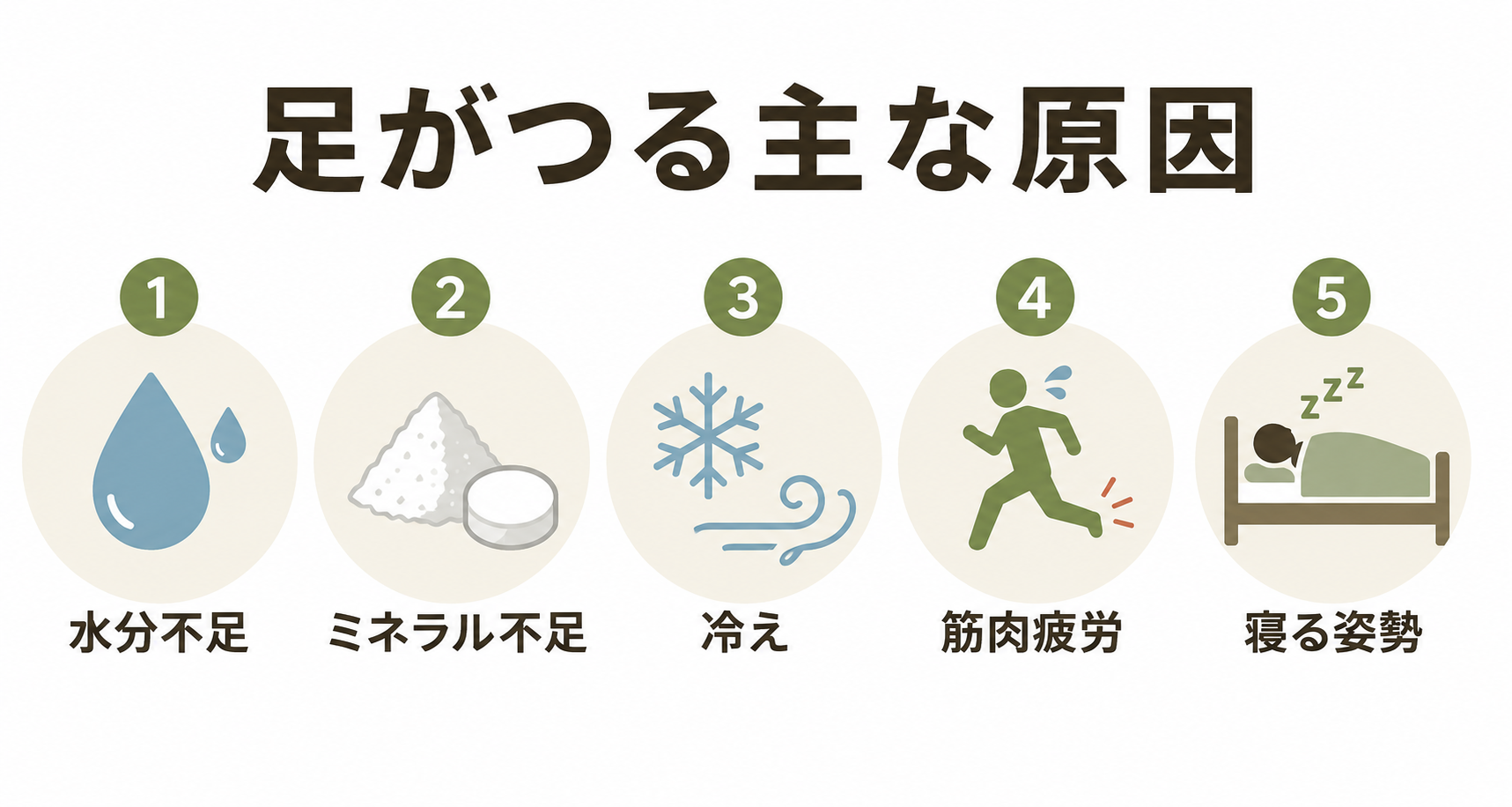 足がつる主な原因5つ（水分不足・ミネラル不足・冷え・筋肉疲労・寝る姿勢）の図解