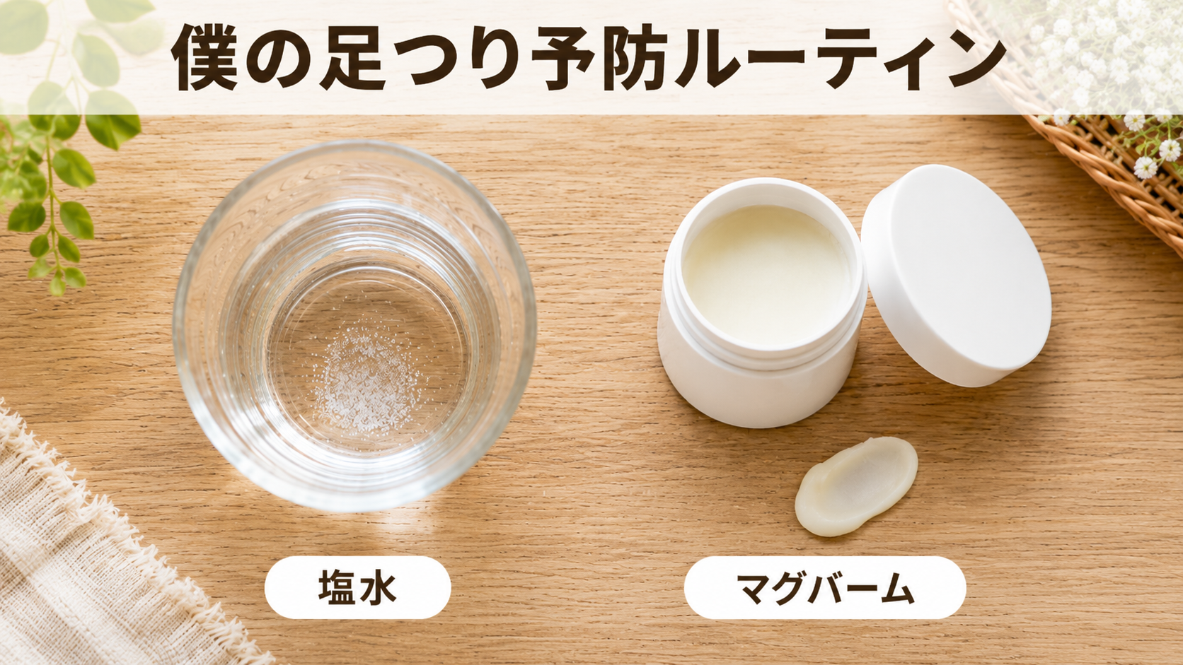 塩水とマグネシウムバームを俯瞰で撮影した予防ルーティンの写真