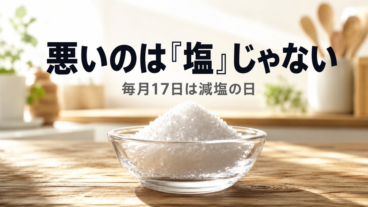 ガラスの器に盛られた塩と「悪いのは『塩』じゃない」のテキストが入った減塩の日記事のアイキャッチ画像
