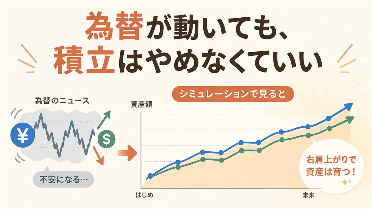 為替が動いても積立はやめなくていい、というメッセージのアイキャッチ画像。不安な為替のニュースと、右肩上がりに育つ資産グラフを対比させたイラスト