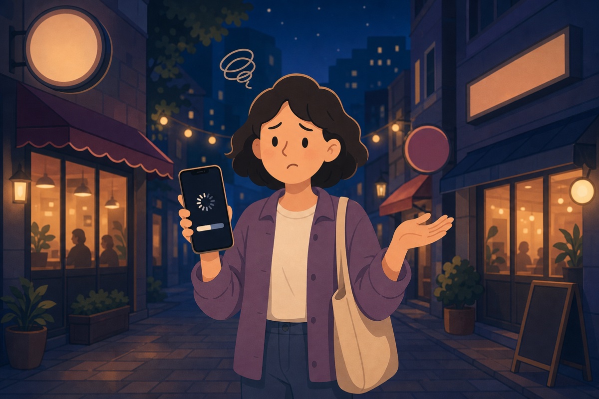 夜の街でスマートフォンの通信速度が遅く、地図が読み込めずに困っている人のイラスト