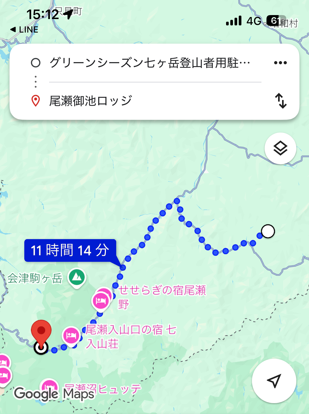 七ヶ岳登山者用駐車場から尾瀬御池ロッジまでの実走ルート地図