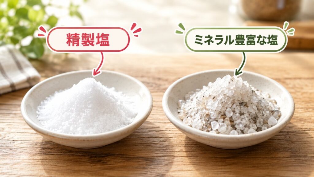 白い精製塩と粒の大きいミネラル豊富な塩を並べて比較した写真