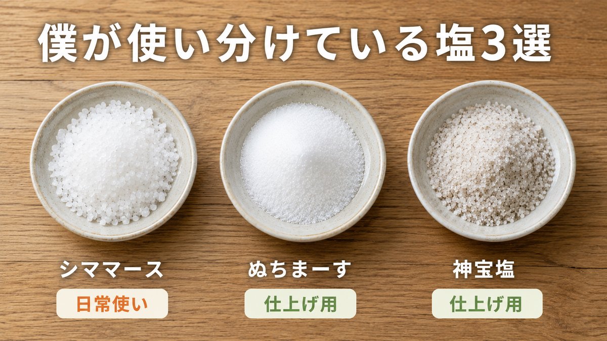 シママース・ぬちまーす・神宝塩の3種類の塩を並べて、日常使いと仕上げ用の使い分けを示した写真