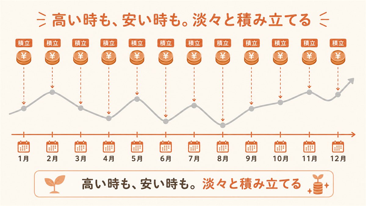 相場が高い時も安い時も、毎月淡々と積み立てるイメージ図