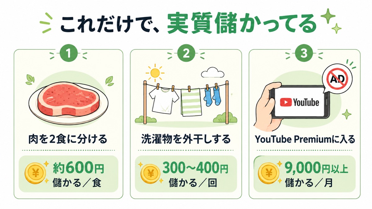 肉を2食に分ける・洗濯物を外干しする・YouTube Premiumに入るという3つの工夫と、それぞれの実質儲かった額を示したカード