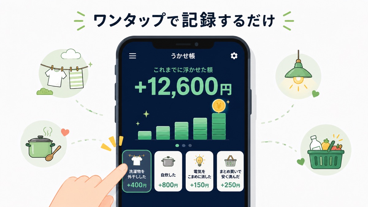うかせ帳アプリのイメージ。スマホ画面に浮いた金額の合計とワンタップボタンが並んでいる様子