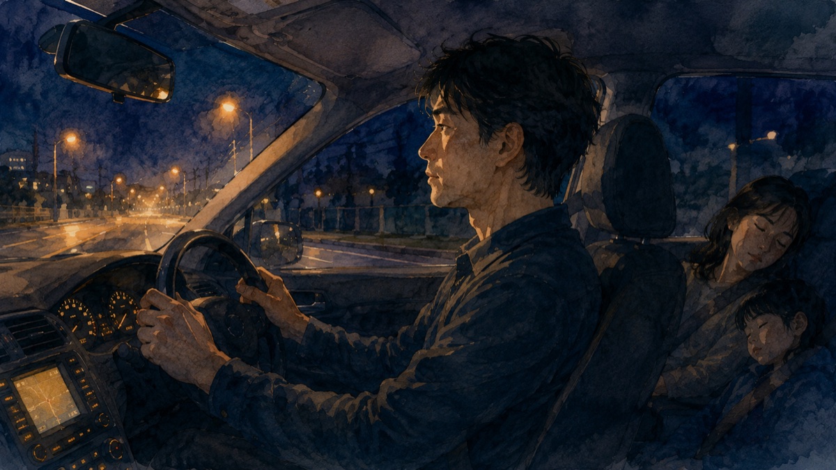 深夜、家族が眠る車内で運転しながら物思いにふける様子のイラスト