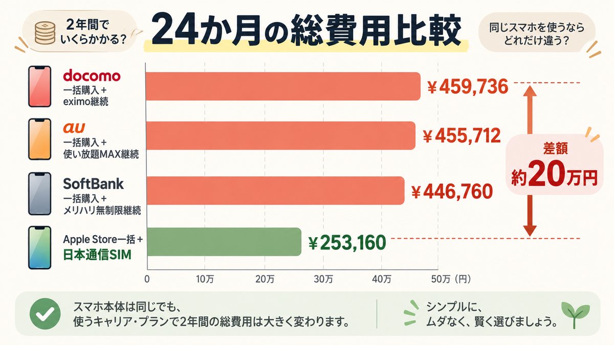 iPhone18 Proを24ヶ月使った場合の合計費用比較、Apple Store一括＋日本通信SIMが圧倒的に安いことを示す棒グラフ