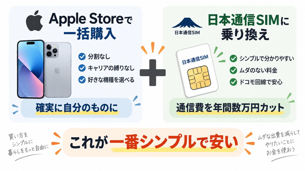 Apple Storeでの一括購入と日本通信SIMへの乗り換えを組み合わせるのが一番シンプルで安いことを示す図解