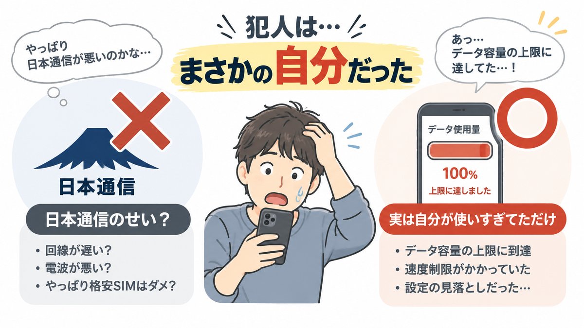 通信が遅い原因は日本通信のせいではなく、データ容量の上限に達した自分自身だったことを示す図解